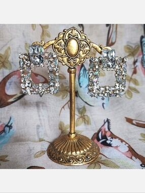 Clear Aurora Borealis Rhinestones Square Gold Tone Pierced Runway Earrings Bride